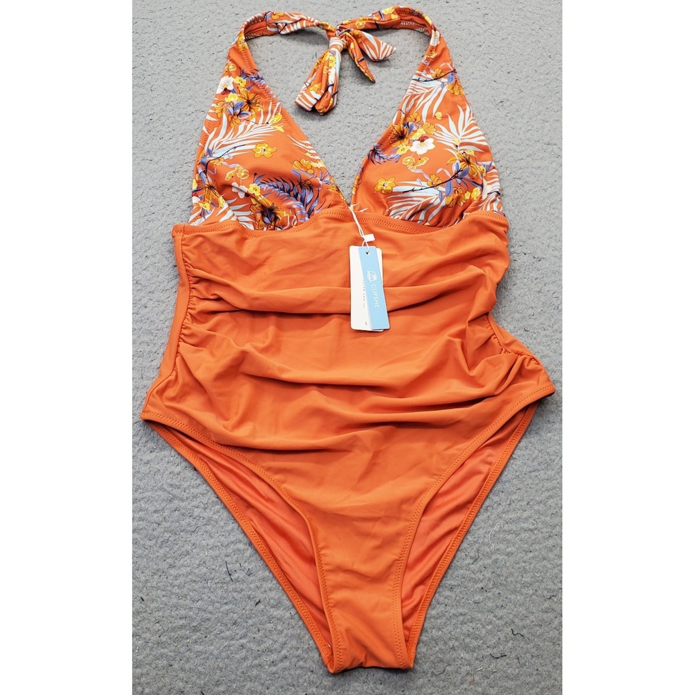 Cupshe One-Piece Swimsuit Womens Large Multi Floral Halter Neck Ruched Swimwear
